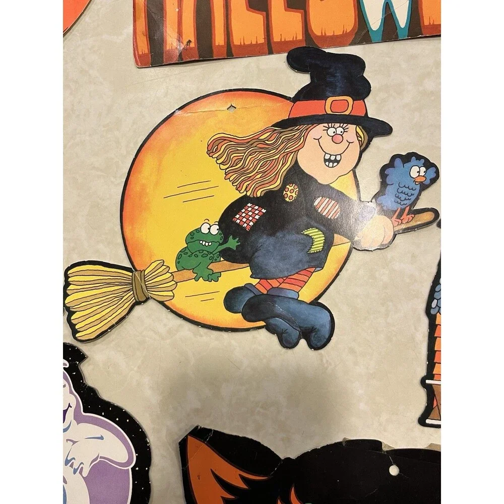 Vtg Beistle Halloween Decorations Die Cut Punch Out Ghosts Cat Jack-o-lantern